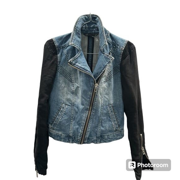 Armani A/X Denim Jacket, Black Cloth Sleeves, Zip Close Moto Fitted Denim Style - Picture 1 of 8
